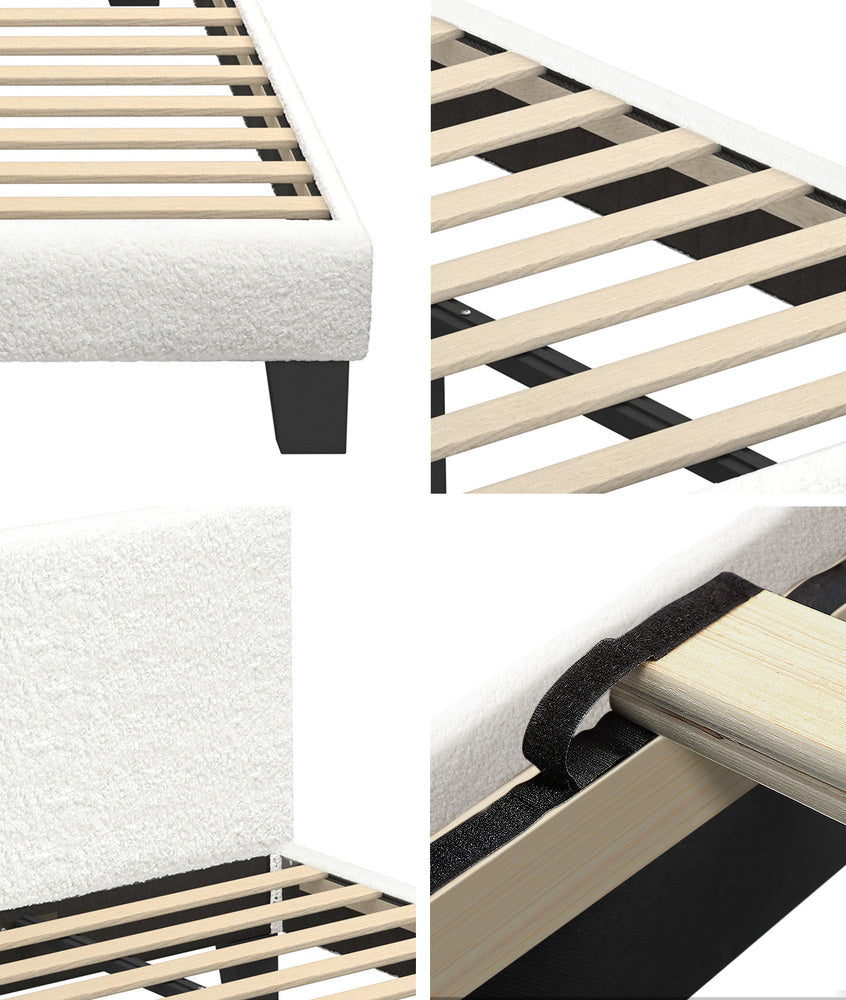 Oikiture King Single Bed Frame with Wooden Slats and Boucle Fabric Bed Base Mattress Platfrom White-Bed Frames-PEROZ Accessories