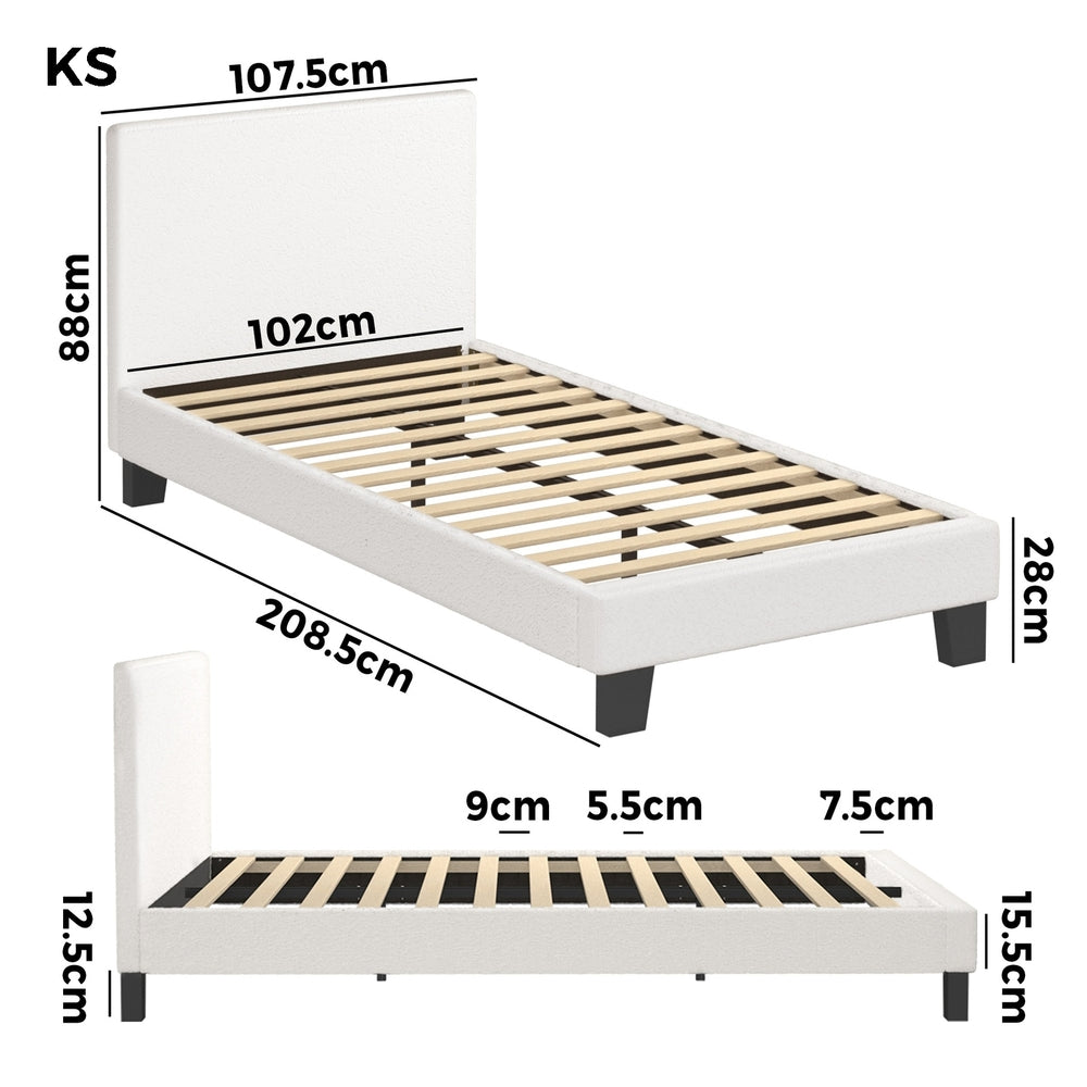 Oikiture King Single Bed Frame with Wooden Slats and Boucle Fabric Bed Base Mattress Platfrom White-Bed Frames-PEROZ Accessories