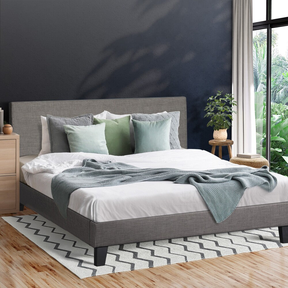 Oikiture Bed Frame Queen Size Mattress Base Platform Wooden Slats Grey Fabric-Bed Frames-PEROZ Accessories