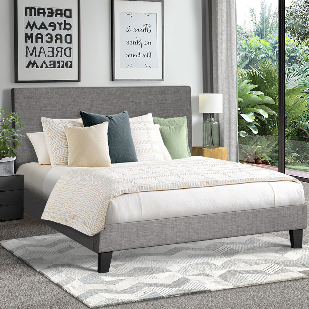 Oikiture Bed Frame Queen Size Mattress Base Platform Wooden Slats Grey Fabric-Bed Frames-PEROZ Accessories
