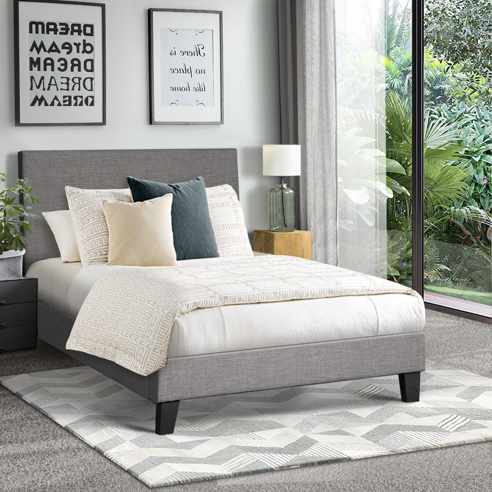 Oikiture Bed Frame Single Size Mattress Base Platform Wooden Slats Grey Fabric-Bed Frames-PEROZ Accessories