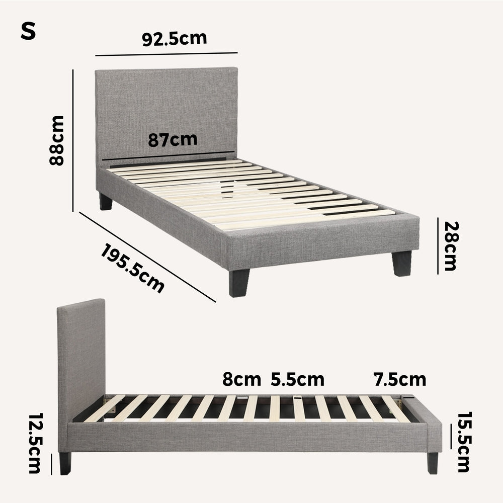 Oikiture Bed Frame Single Size Mattress Base Platform Wooden Slats Grey Fabric-Bed Frames-PEROZ Accessories
