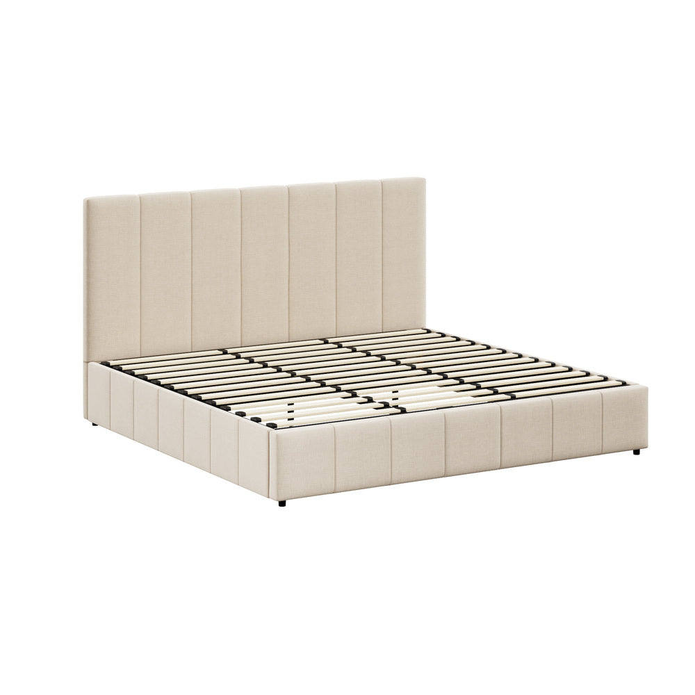 Oikiture Bed Frame King Size Gas Lift Base Beige Fabric-Bed Frame-PEROZ Accessories