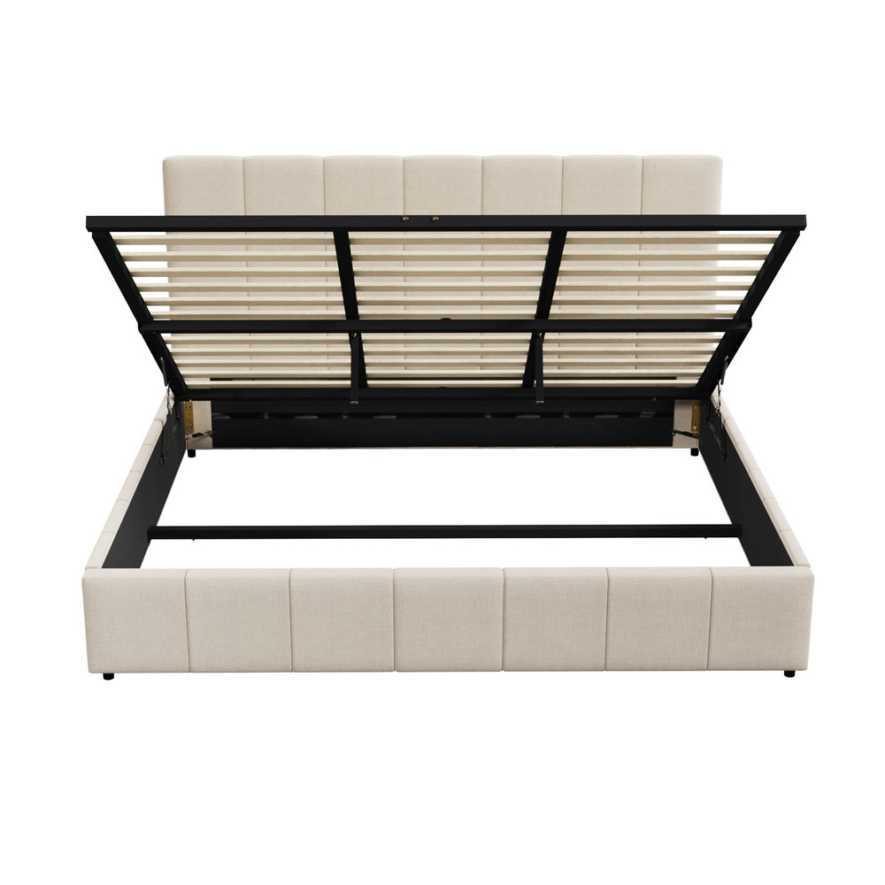 Oikiture Bed Frame King Size Gas Lift Base Beige Fabric-Bed Frame-PEROZ Accessories