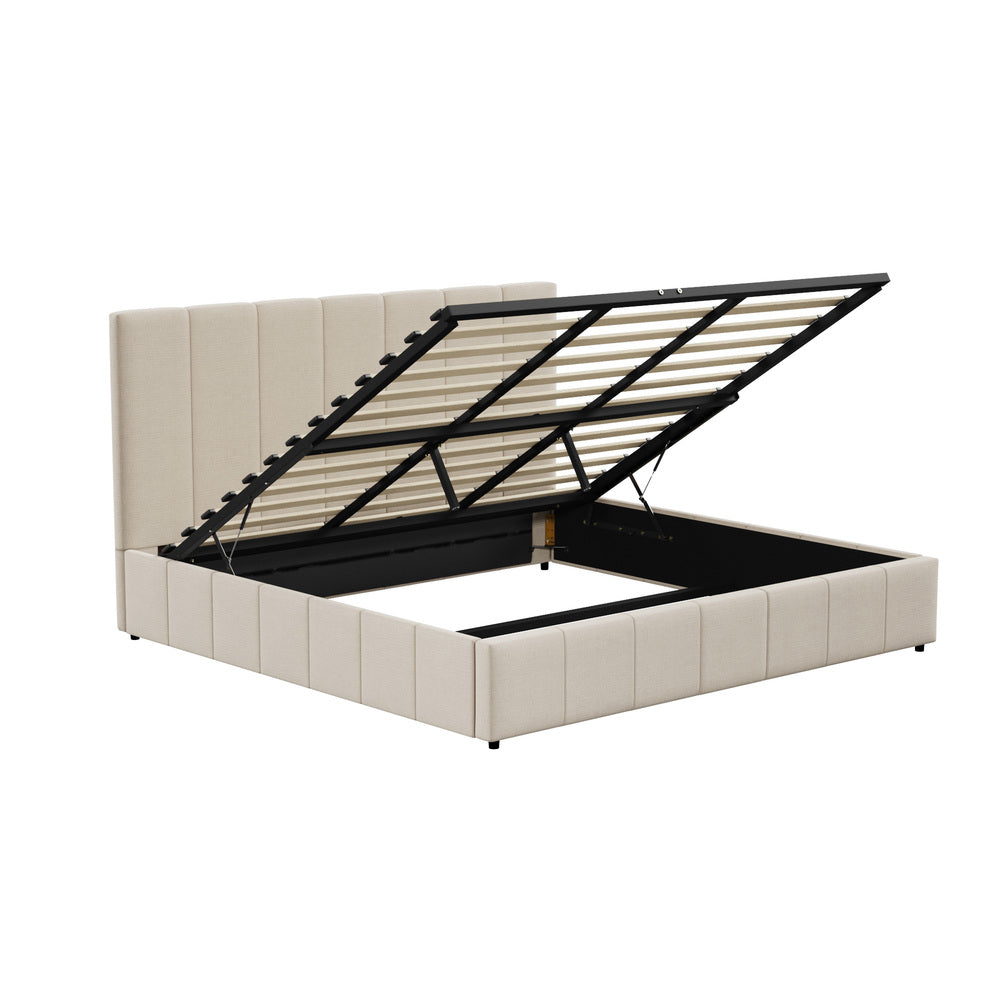 Oikiture Bed Frame King Size Gas Lift Base Beige Fabric-Bed Frame-PEROZ Accessories