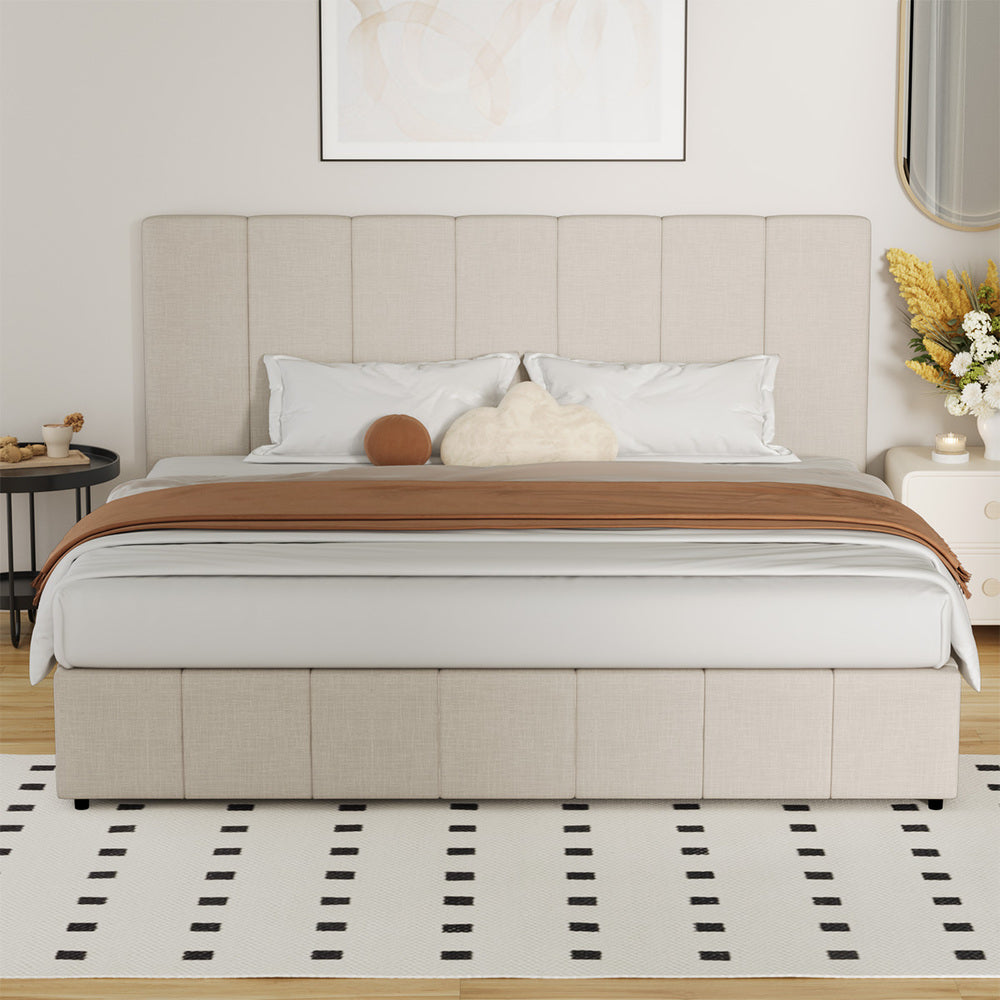 Oikiture Bed Frame King Size Gas Lift Base Beige Fabric-Bed Frame-PEROZ Accessories