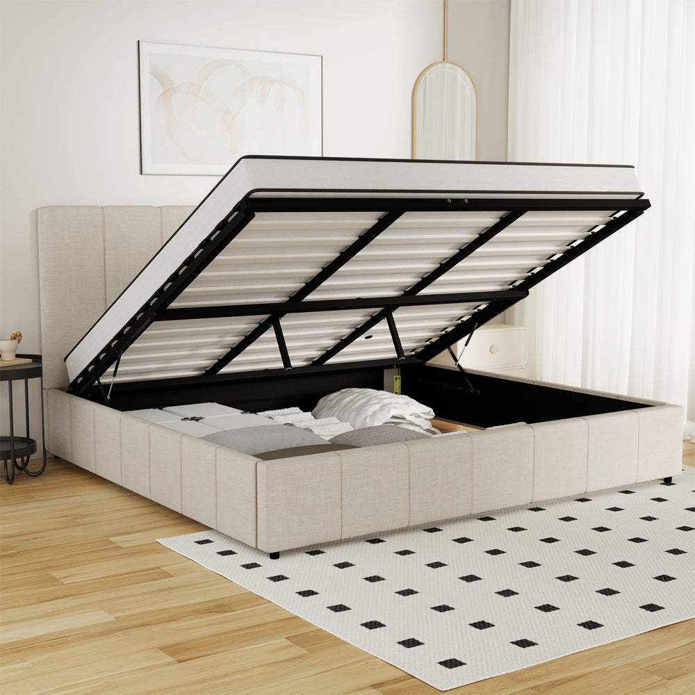 Oikiture Bed Frame King Size Gas Lift Base Beige Fabric-Bed Frame-PEROZ Accessories