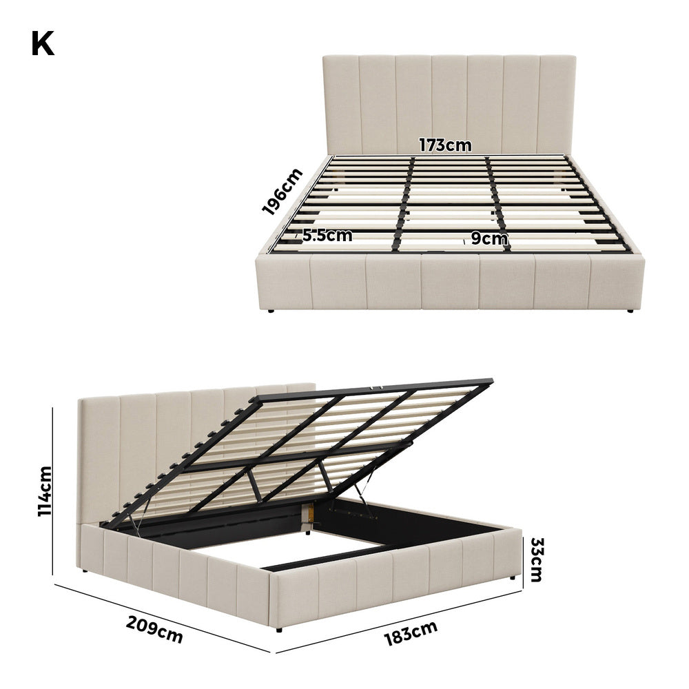 Oikiture Bed Frame King Size Gas Lift Base Beige Fabric-Bed Frame-PEROZ Accessories
