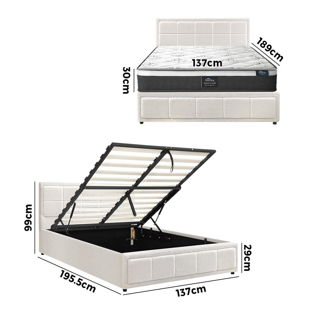 Oikiture Bed Frame With Mattress Set Double Size Gas Lift White BOSS-Bed Frame-PEROZ Accessories