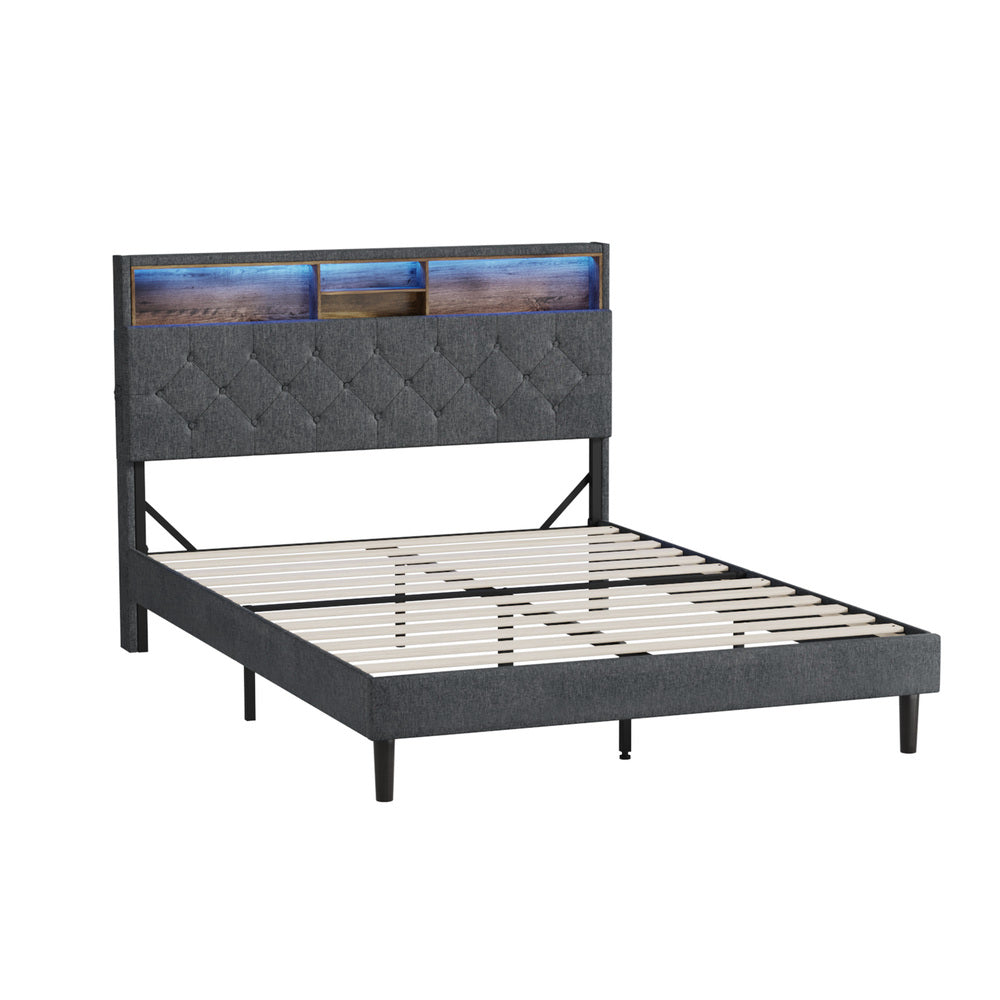 Oikiture Bed Frame with LED Storage Bedhead Double Size NOVI-Bed Frame-PEROZ Accessories