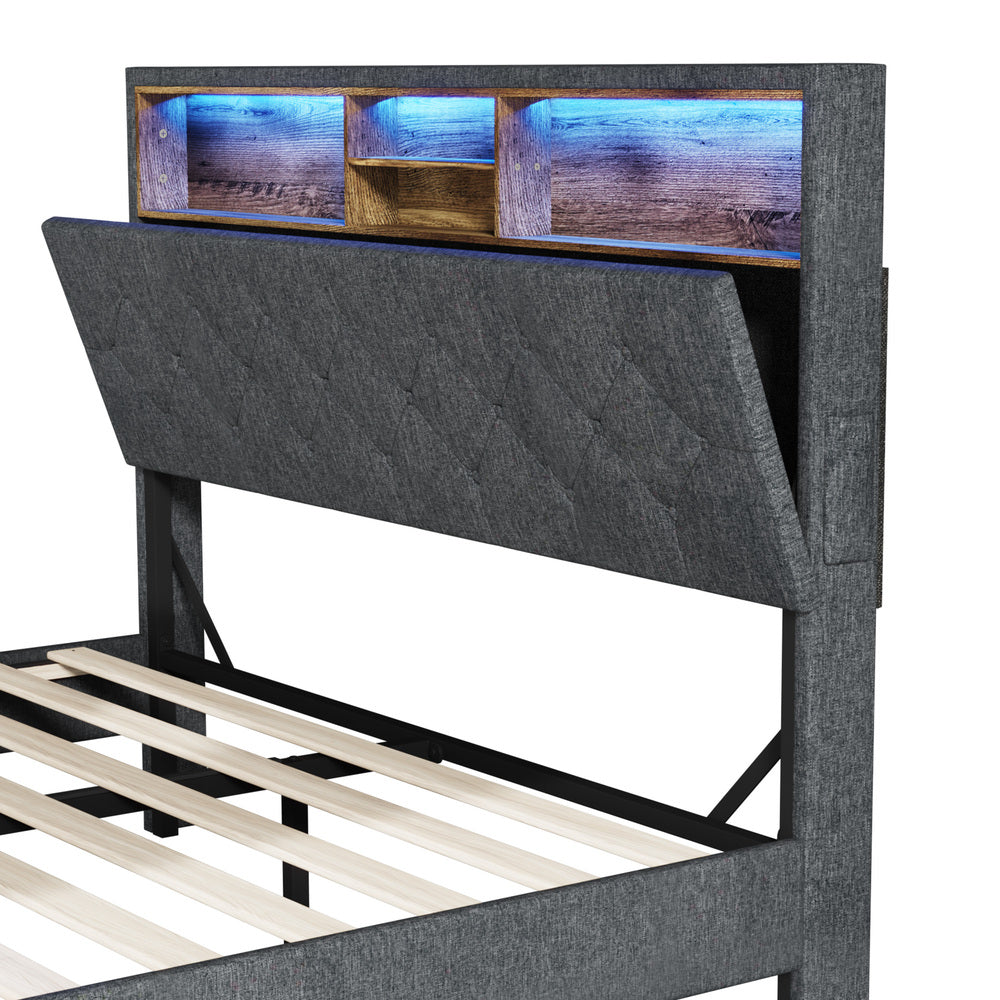 Oikiture Bed Frame with LED Storage Bedhead Double Size NOVI-Bed Frame-PEROZ Accessories