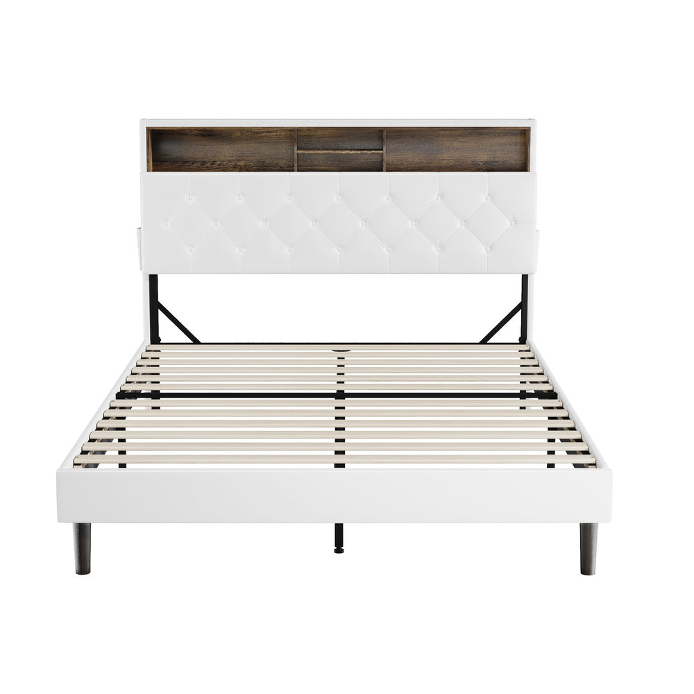 Oikiture Bed Frame Double Size with LED Storage Bedhead White-Bed Frame-PEROZ Accessories