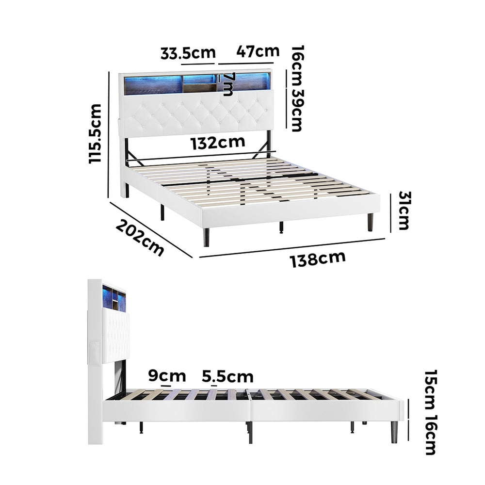Oikiture Bed Frame Double Size with LED Storage Bedhead White-Bed Frame-PEROZ Accessories