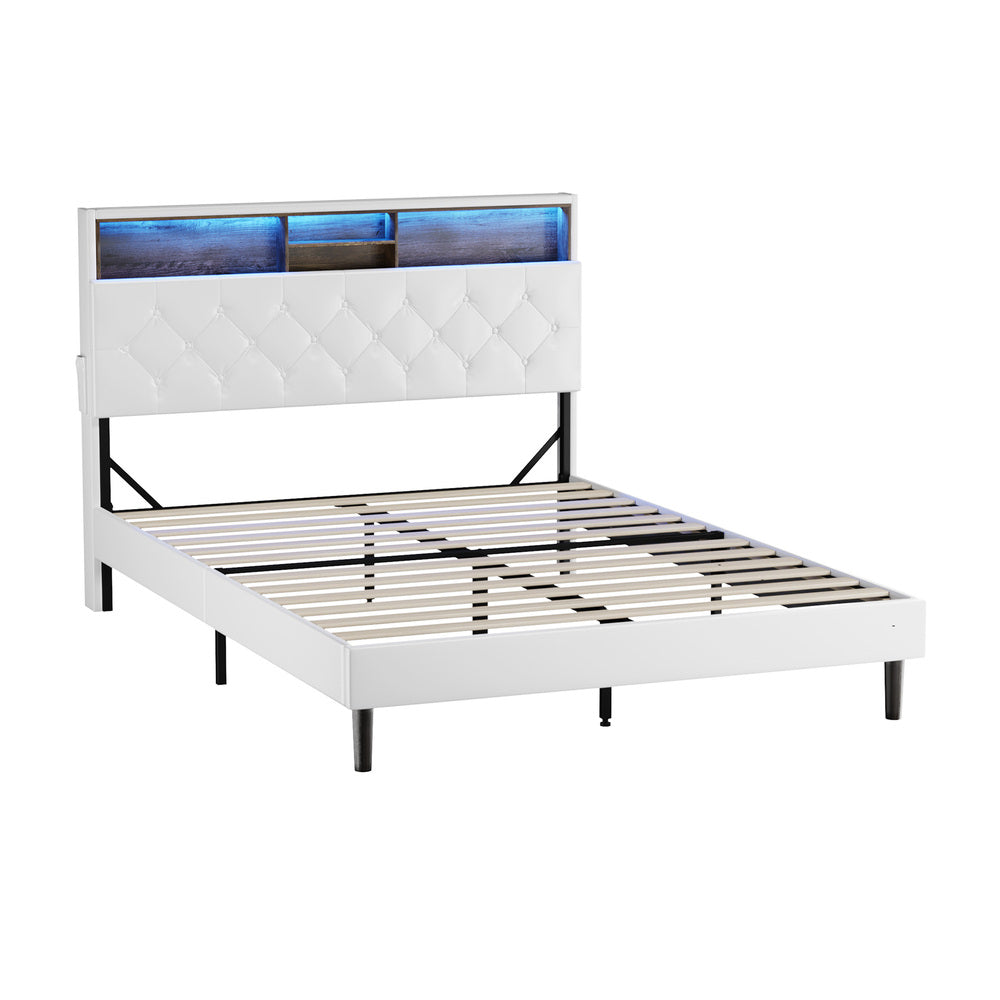 Oikiture Bed Frame Double Size with LED Storage Bedhead White-Bed Frame-PEROZ Accessories