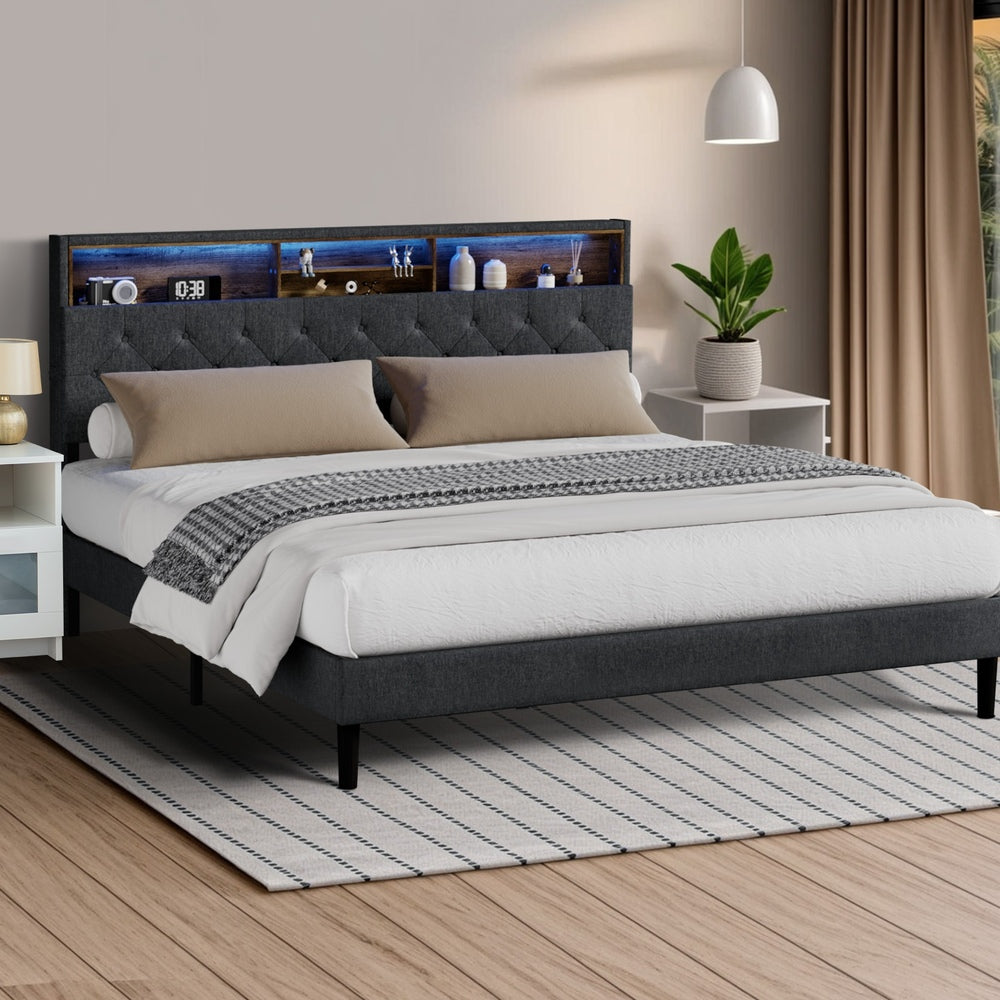 Oikiture Bed Frame with LED Storage Bedhead King Size NOVI-Bed Frame-PEROZ Accessories