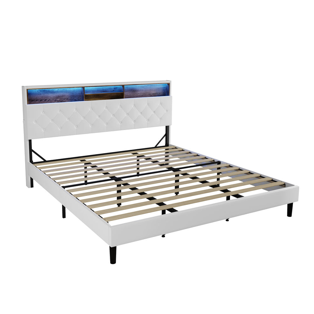 Oikiture Bed Frame King Size with LED Storage Bedhead White-Bed Frame-PEROZ Accessories