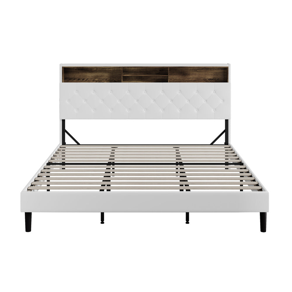 Oikiture Bed Frame King Size with LED Storage Bedhead White-Bed Frame-PEROZ Accessories