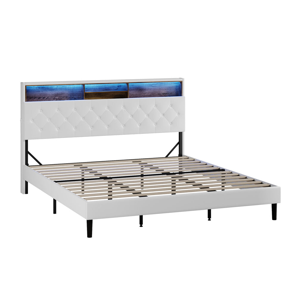 Oikiture Bed Frame King Size with LED Storage Bedhead White-Bed Frame-PEROZ Accessories