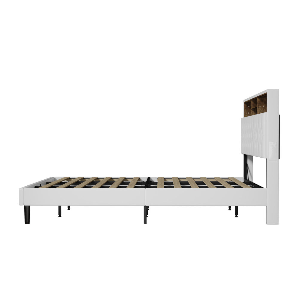 Oikiture Bed Frame King Size with LED Storage Bedhead White-Bed Frame-PEROZ Accessories