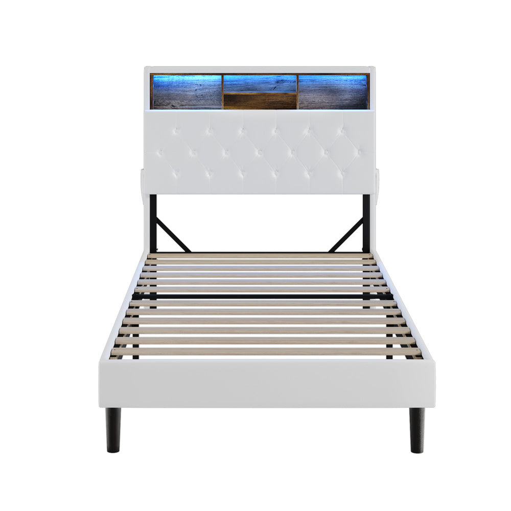 Oikiture Bed Frame King Single Size with LED Storage Bedhead White-Bed Frame-PEROZ Accessories