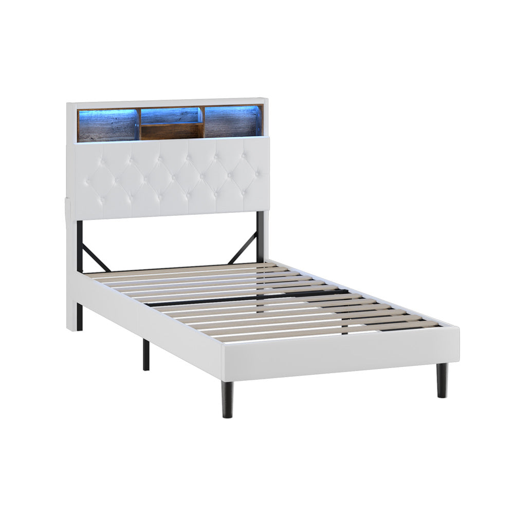 Oikiture Bed Frame King Single Size with LED Storage Bedhead White-Bed Frame-PEROZ Accessories