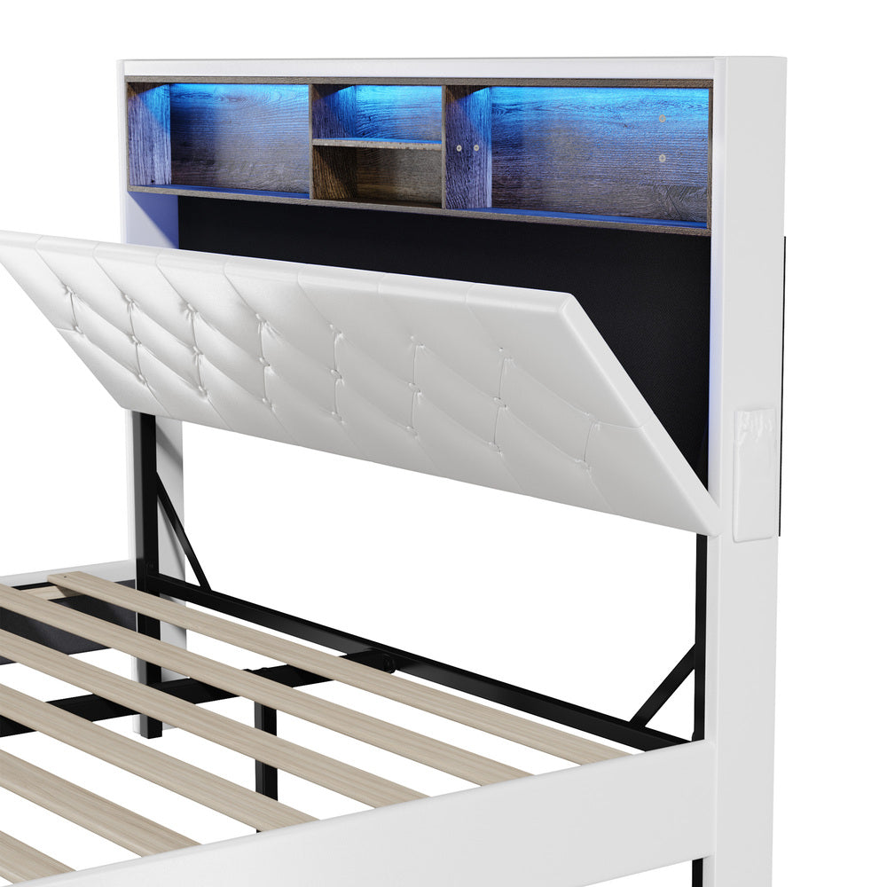 Oikiture Bed Frame Queen Size with LED Storage Bedhead White-Bed Frame-PEROZ Accessories