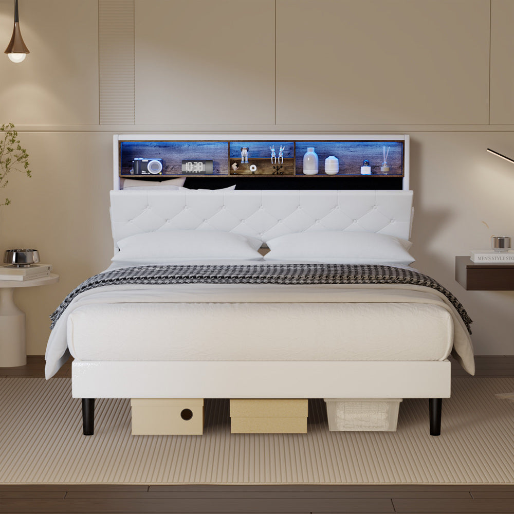 Oikiture Bed Frame Queen Size with LED Storage Bedhead White-Bed Frame-PEROZ Accessories