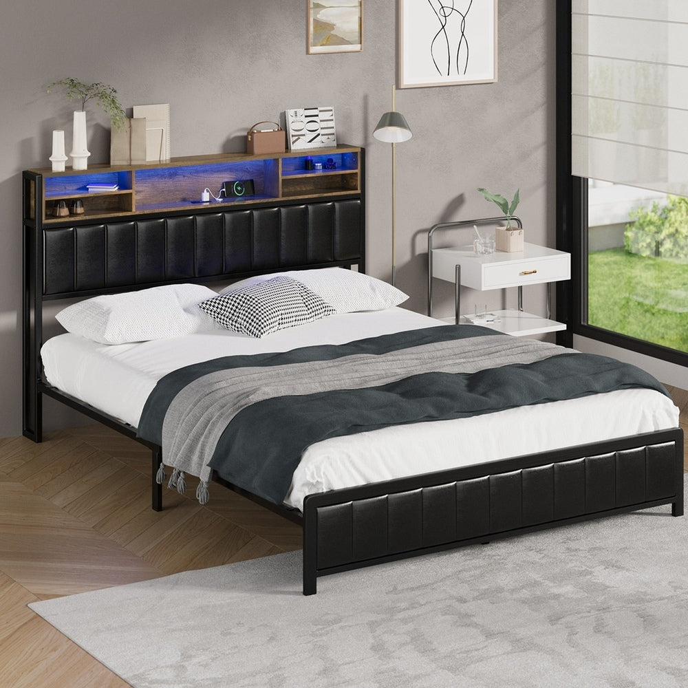 Oikiture Bed Frame Queen Size LED Storage Bedhead Leather Black-Bed Frame-PEROZ Accessories