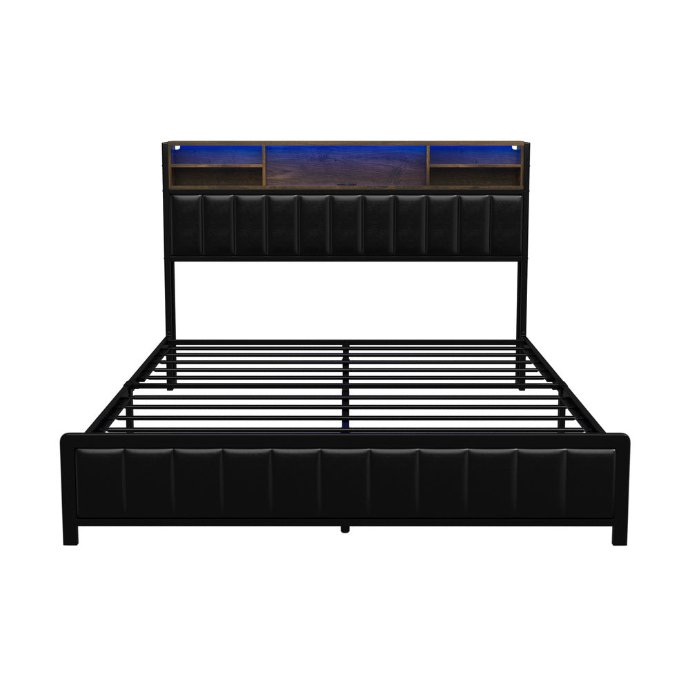 Oikiture Bed Frame Queen Size LED Storage Bedhead Leather Black-Bed Frame-PEROZ Accessories