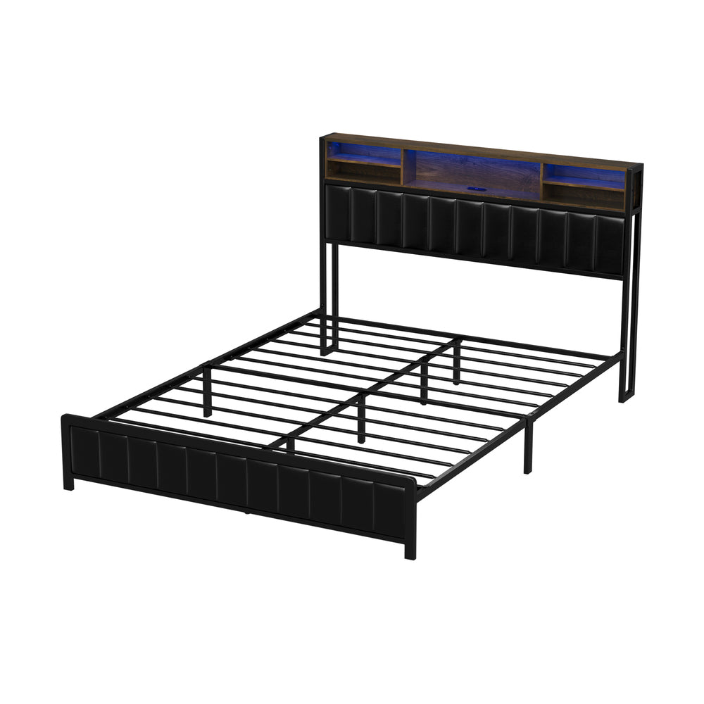 Oikiture Bed Frame Queen Size LED Storage Bedhead Leather Black-Bed Frame-PEROZ Accessories