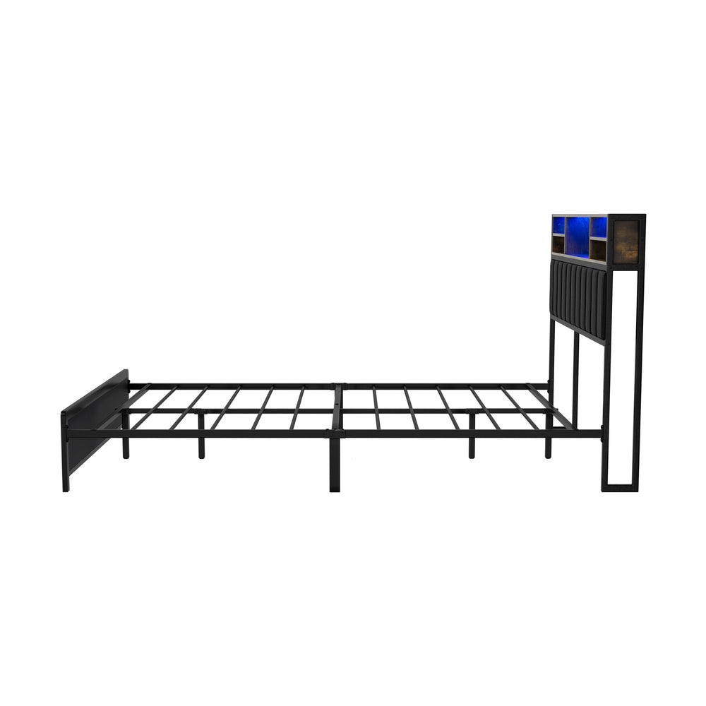 Oikiture Bed Frame Queen Size LED Storage Bedhead Leather Black-Bed Frame-PEROZ Accessories