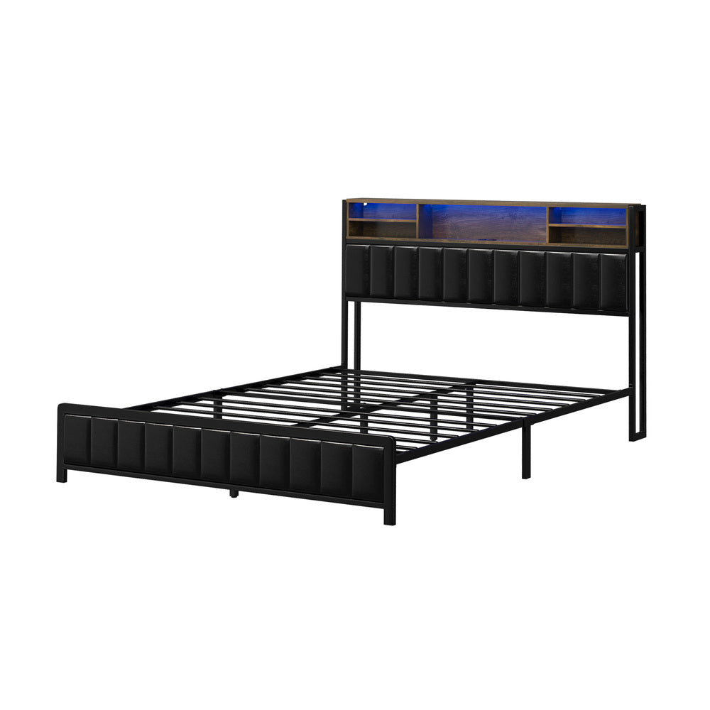 Oikiture Bed Frame Queen Size LED Storage Bedhead Leather Black-Bed Frame-PEROZ Accessories