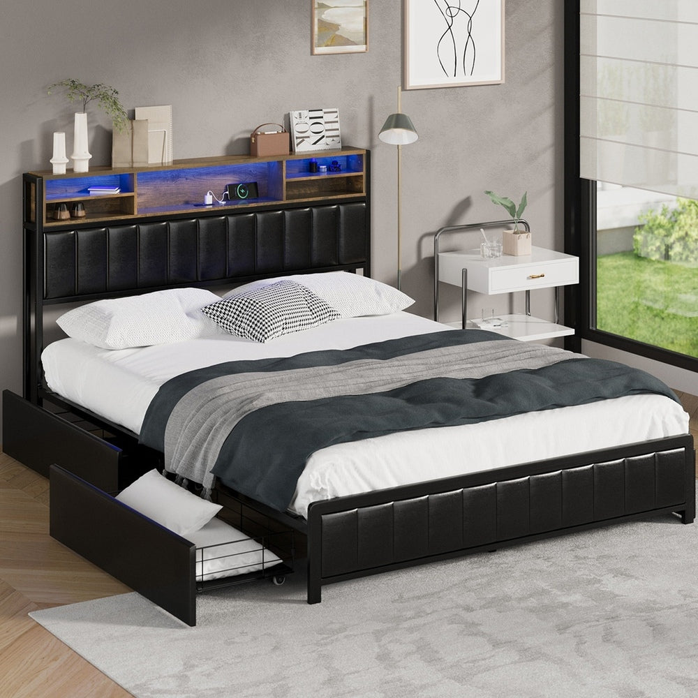 Oikiture Bed Frame Queen Size LED Storage Bedhead 4 Drawers Leather-Bed Frame-PEROZ Accessories