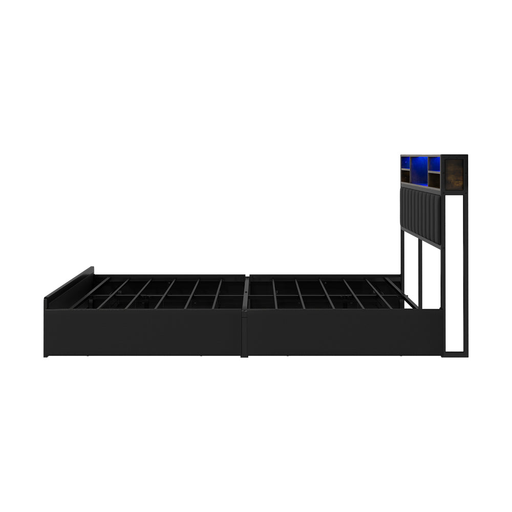 Oikiture Bed Frame Queen Size LED Storage Bedhead 4 Drawers Leather-Bed Frame-PEROZ Accessories