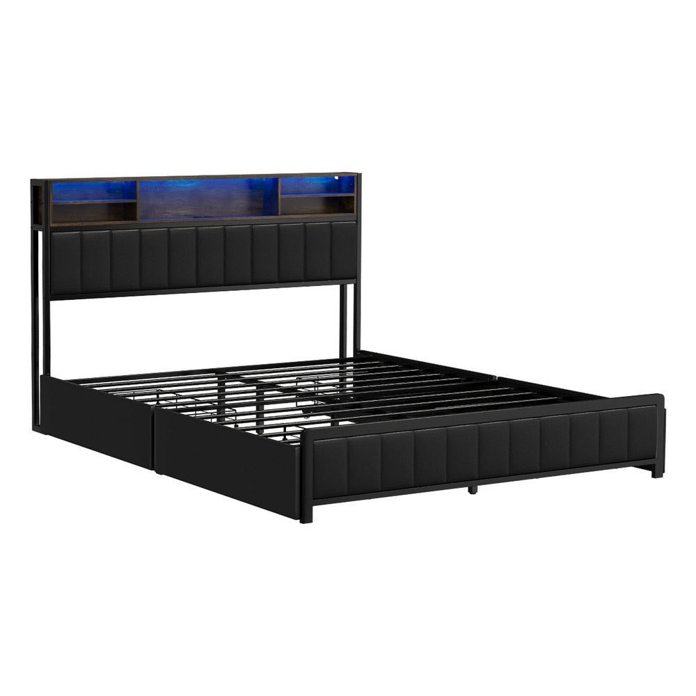 Oikiture Bed Frame Queen Size LED Storage Bedhead 4 Drawers Leather-Bed Frame-PEROZ Accessories
