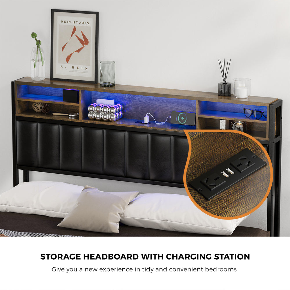 Oikiture Bed Frame Queen Size LED Storage Bedhead 4 Drawers Leather-Bed Frame-PEROZ Accessories