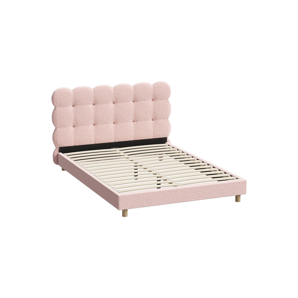 Oikiture Bed Frame Double Size Tufted Bedhead Boucle Fabric Pink-Bed Frame-PEROZ Accessories
