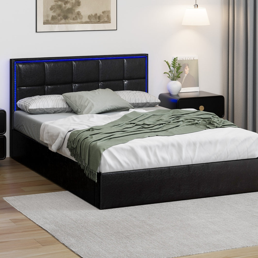 Oikiture Bed Frame Double Size RGB LED Gas Lift Storage Base Leather-Bed Frame-PEROZ Accessories