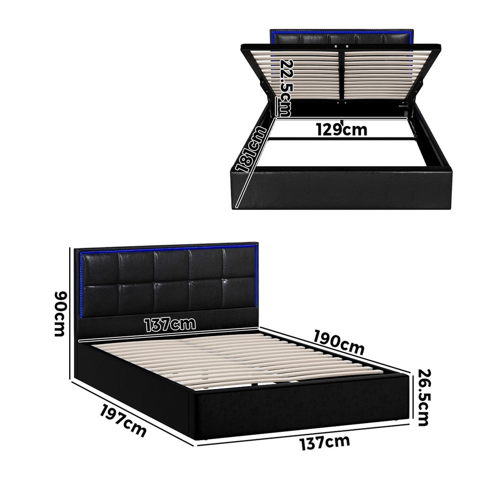 Oikiture Bed Frame Double Size RGB LED Gas Lift Storage Base Leather-Bed Frame-PEROZ Accessories
