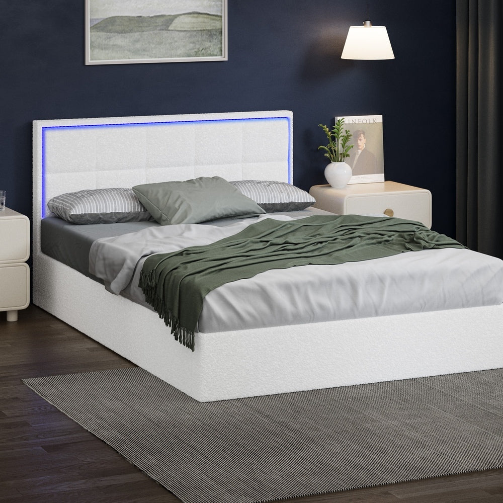 Oikiture Bed Frame Double Size RGB LED Gas Lift Storage Base White Boucle-Bed Frame-PEROZ Accessories
