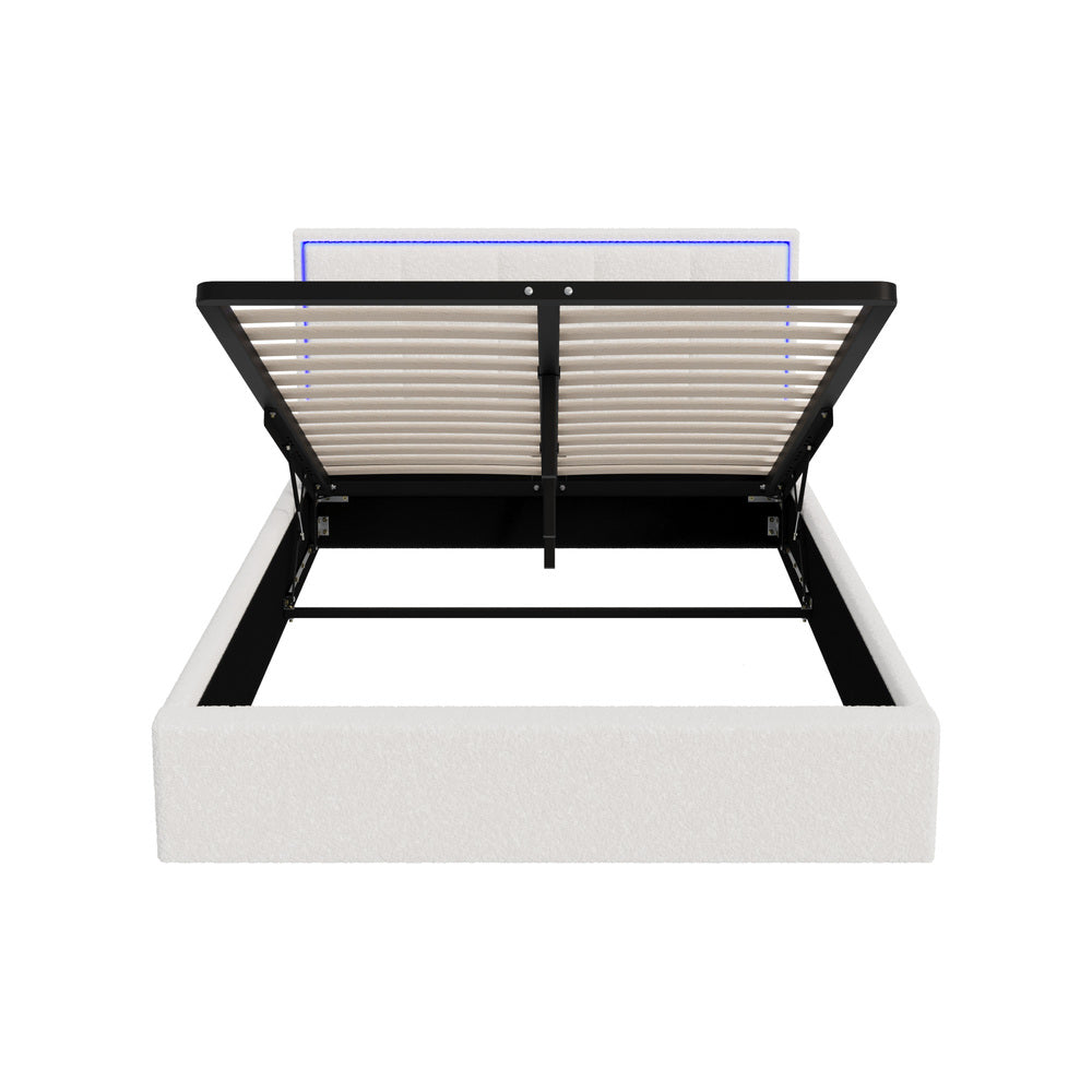 Oikiture Bed Frame Double Size RGB LED Gas Lift Storage Base White Boucle-Bed Frame-PEROZ Accessories