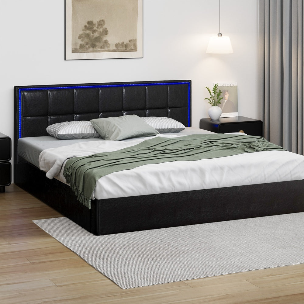 Oikiture Bed Frame King Size RGB LED Gas Lift Storage Base Leather-Bed Frame-PEROZ Accessories