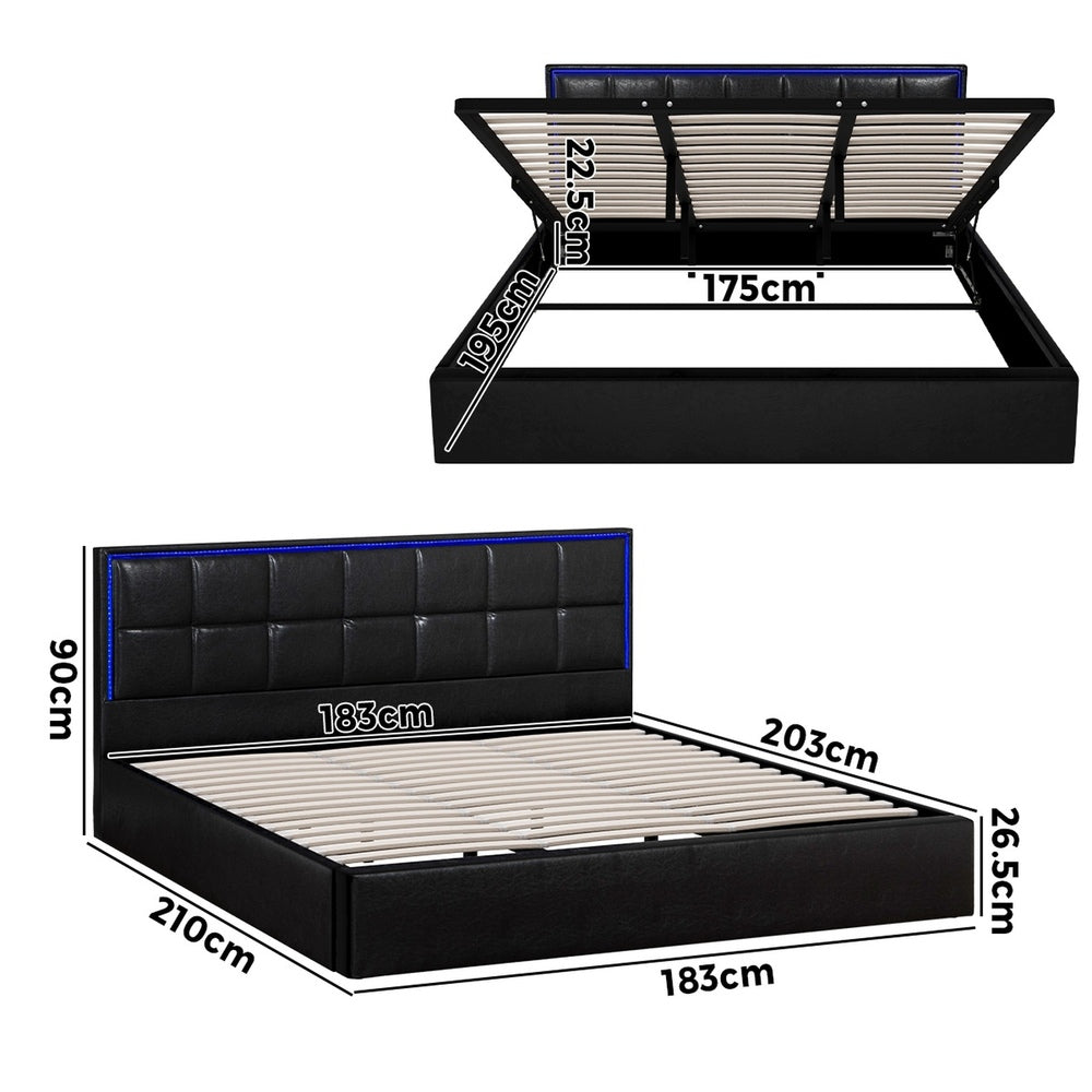 Oikiture Bed Frame King Size RGB LED Gas Lift Storage Base Leather-Bed Frame-PEROZ Accessories