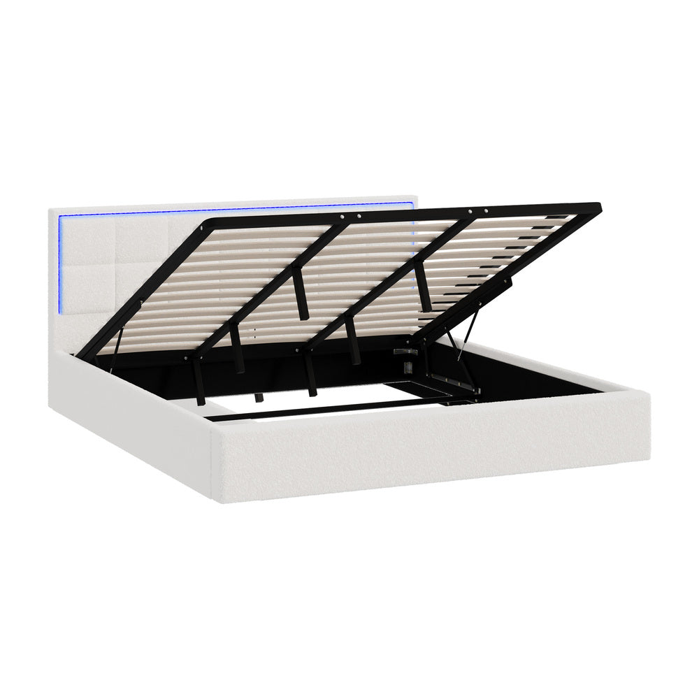 Oikiture Bed Frame King Size RGB LED Gas Lift Storage Base White Boucle-Bed Frame-PEROZ Accessories