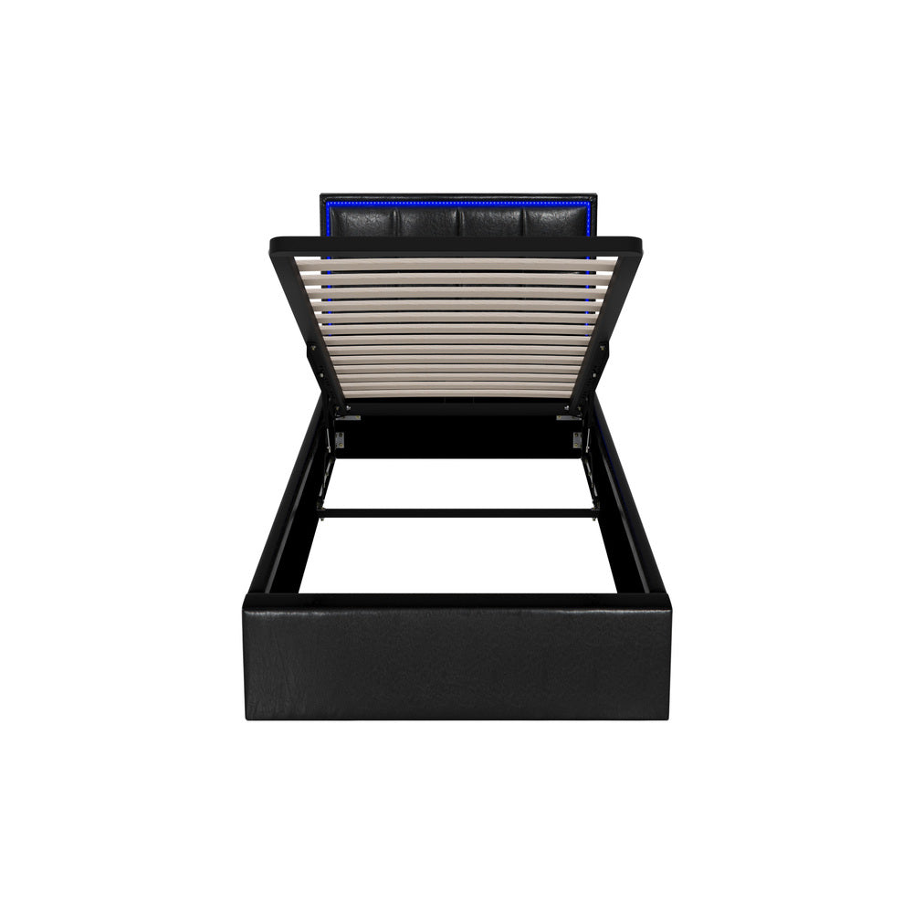 Oikiture Bed Frame Single Size RGB LED Gas Lift Storage Base Leather-Bed Frame-PEROZ Accessories