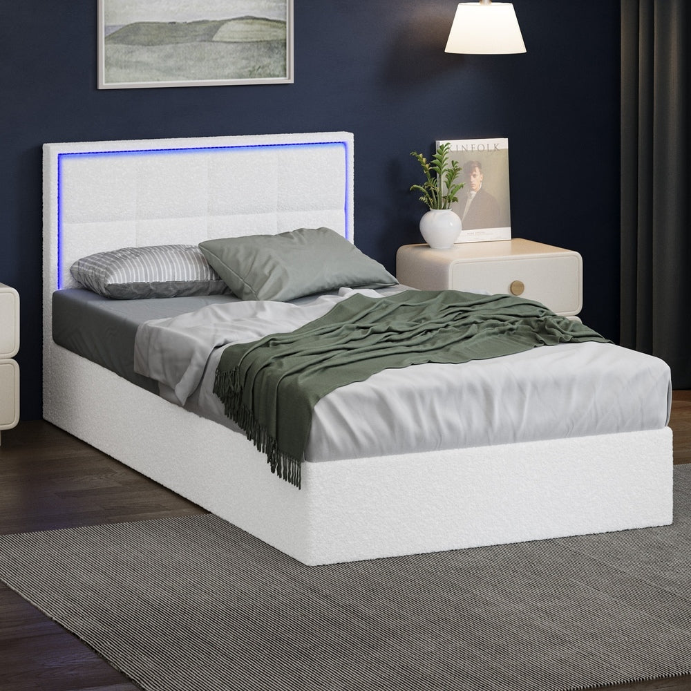 Oikiture Bed Frame Single Size RGB LED Gas Lift Storage Base White Boucle-Bed Frame-PEROZ Accessories