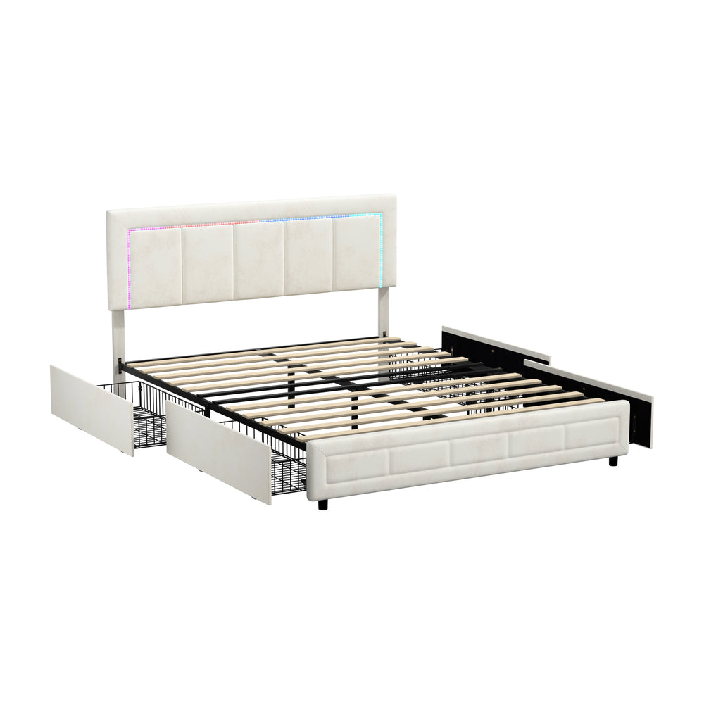 Oikiture LED Bed Frame Double Size 4 Drawers Adjustable Head Beige-Bed Frame-PEROZ Accessories