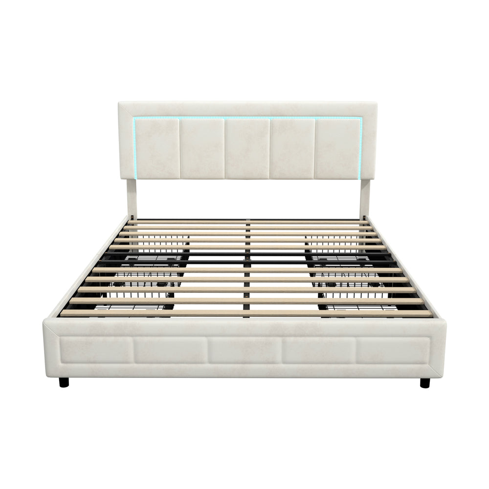 Oikiture LED Bed Frame Double Size 4 Drawers Adjustable Head Beige-Bed Frame-PEROZ Accessories