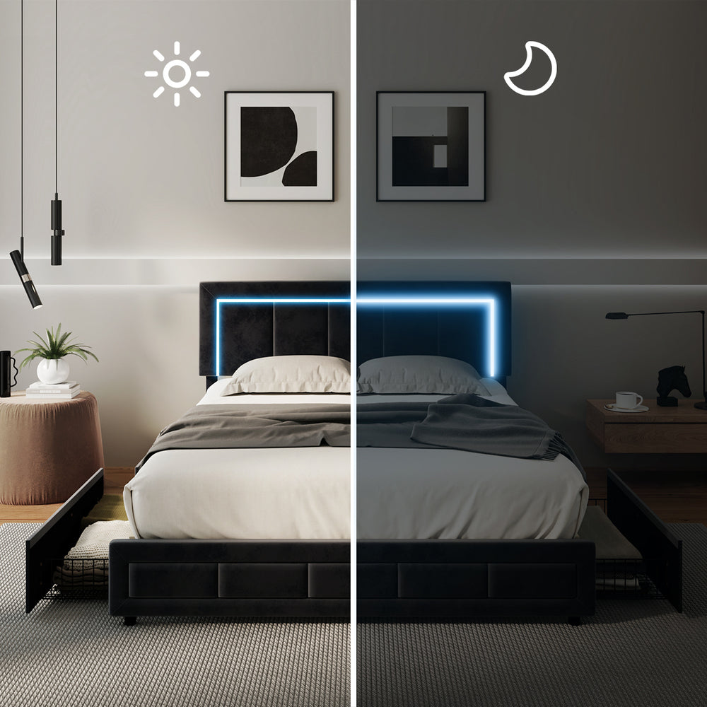 Oikiture LED Bed Frame Double Size 4 Drawers Adjustable Head Black-Bed Frame-PEROZ Accessories