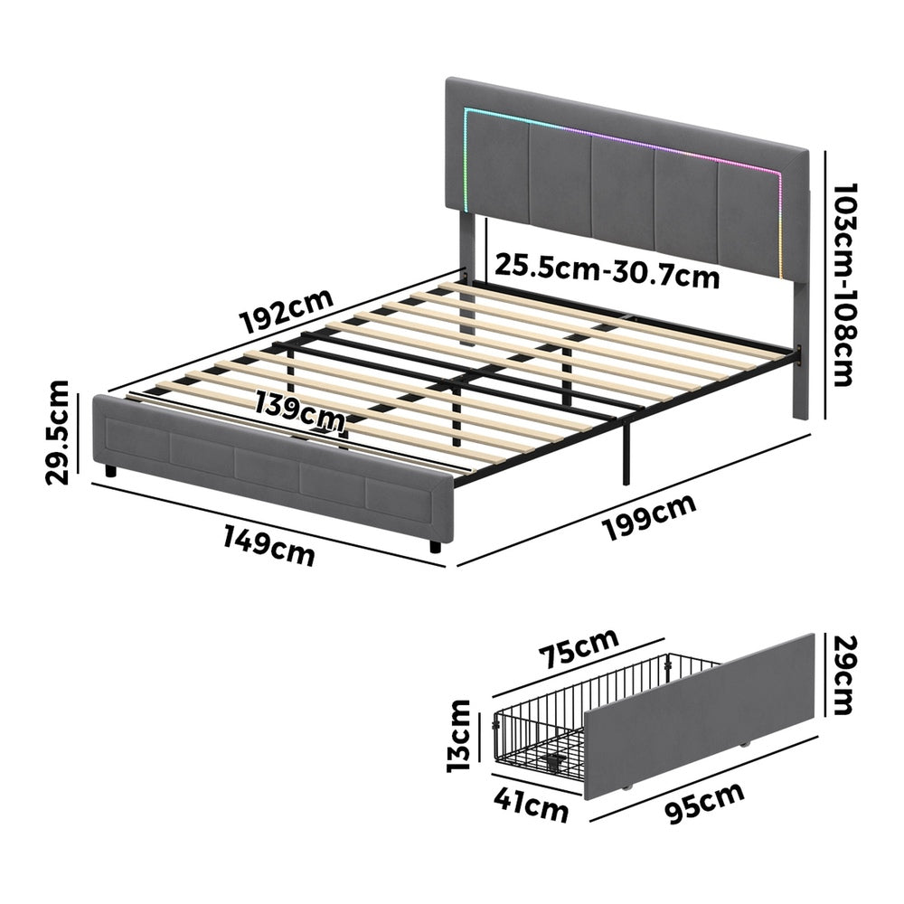 Oikiture LED Bed Frame Double Size 4 Drawers Adjustable Head Velvet-Bed Frame-PEROZ Accessories